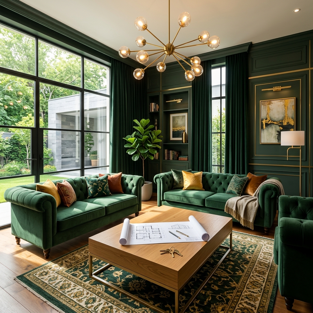 Premium Green and Gold Modern Living Room
